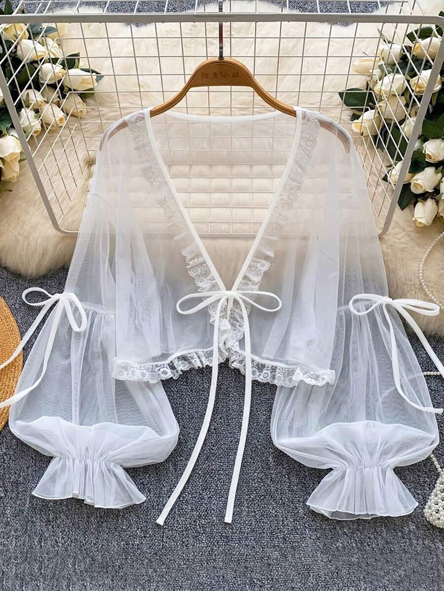 SHEIN CURVE+ Plus Size Women's Short Sheer Loose Lantern Sleeve Solid Color Mesh Cardigan - White - View 1