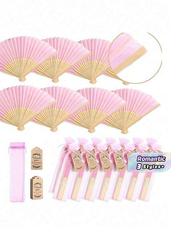 3/15/30 pièces Ensemble d'éventails pliants en bambou rose avec cartes de remerciement & sacs cadeaux – Faveurs de mariage, cadeaux de demoiselle d'honneur, accessoires photo pour fête, accessoire d'été pour femmes