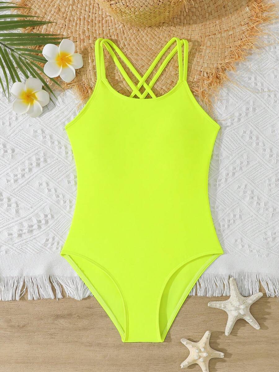 SHEIN Baju Renang Terusan Minimalis Serbaguna Warna Hijau Neon untuk Anak Perempuan Remaja, Cocok untuk Liburan Musim Panas - Kuning - View 1