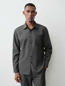 MENRIVO Men's Front Button Long Sleeve Pocket Casual Formal Shirt, Daily Wear, For Fall, Ceremony - Dark Grey - View 3