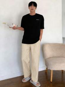 DAZY 男士字母印花T恤和条纹裤配套休闲家居服套装，春夏款 - 彩色 - 查看 2