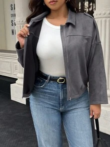 Easura Chaqueta casual de unicolor para primavera/otoño de talla grande - Gris Oscuro - Ver 3
