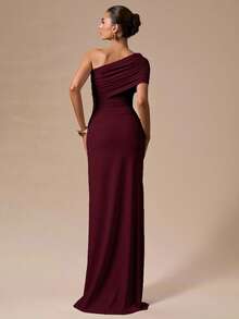 SHEIN BAE Spring/Summer Solid Color Asymmetrical Shoulder Burgundy Fitted Ruched Maxi Wrap Dress, Elegant Sexy Women's For Romantic Date Formal Official Party - Burgundy - View 2