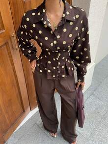 Siren Gaze Spring/Autumn New Brown Polka Dot Waist-Cinching Long Sleeve Blouse For Women - Brown - View 5