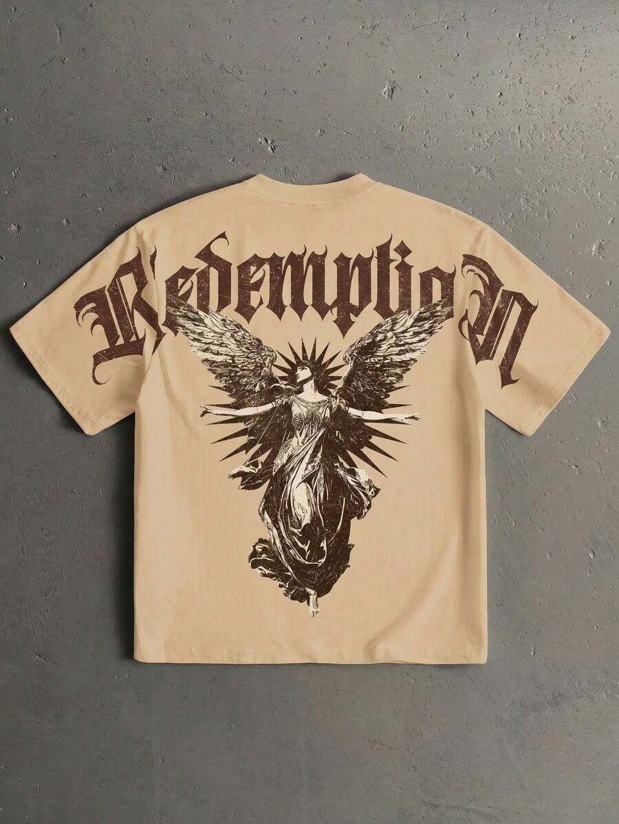 Manfinity Roghcode Men's Letter & Angel Print Crew Neck Short Sleeve Casual T-Shirt - Khaki - View 1
