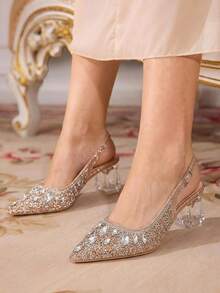 CUCCOO TILAWA Women's Crystal Heel Glass Rhinestone Pointed Toe Pink High Heel Pumps, Suitable For Outings, Banquets, Parties And Other Events - Champagne gold - View 8