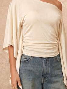 Lumalex Women's Asymmetrical Shoulde Batwing Sleeve Fashion Elegant Top Decoration Body-Contouring Draped Bodice For Summer Date,Vacation,Party & Weddings - Apricot - View 13
