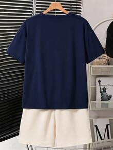 SHEIN 青少年男孩休閒舒適長袖連帽衛衣與長褲套裝 - 藍色 - 查看 2