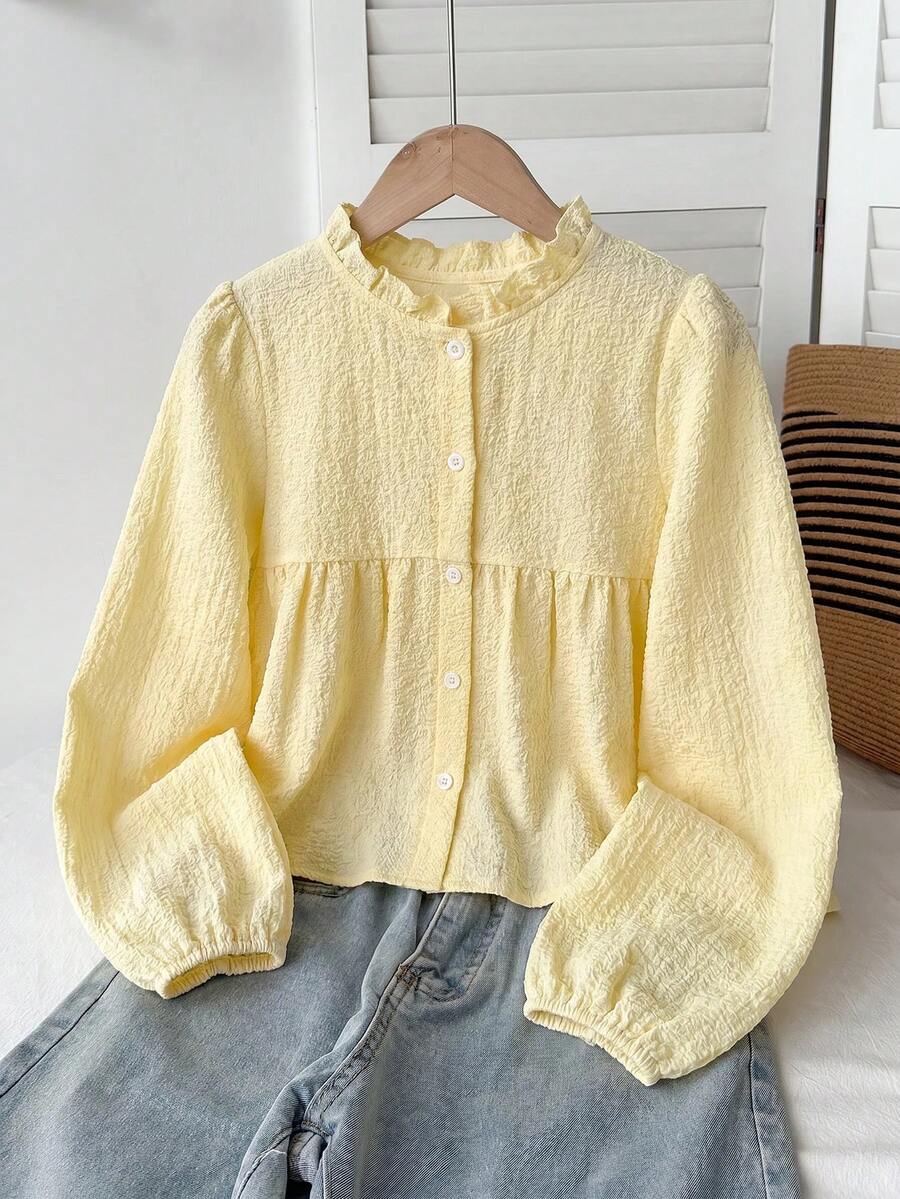 SHEIN Tween女孩休閒日常百搭舒適寬鬆荷葉領襯衫 - 黃色 - 查看 1
