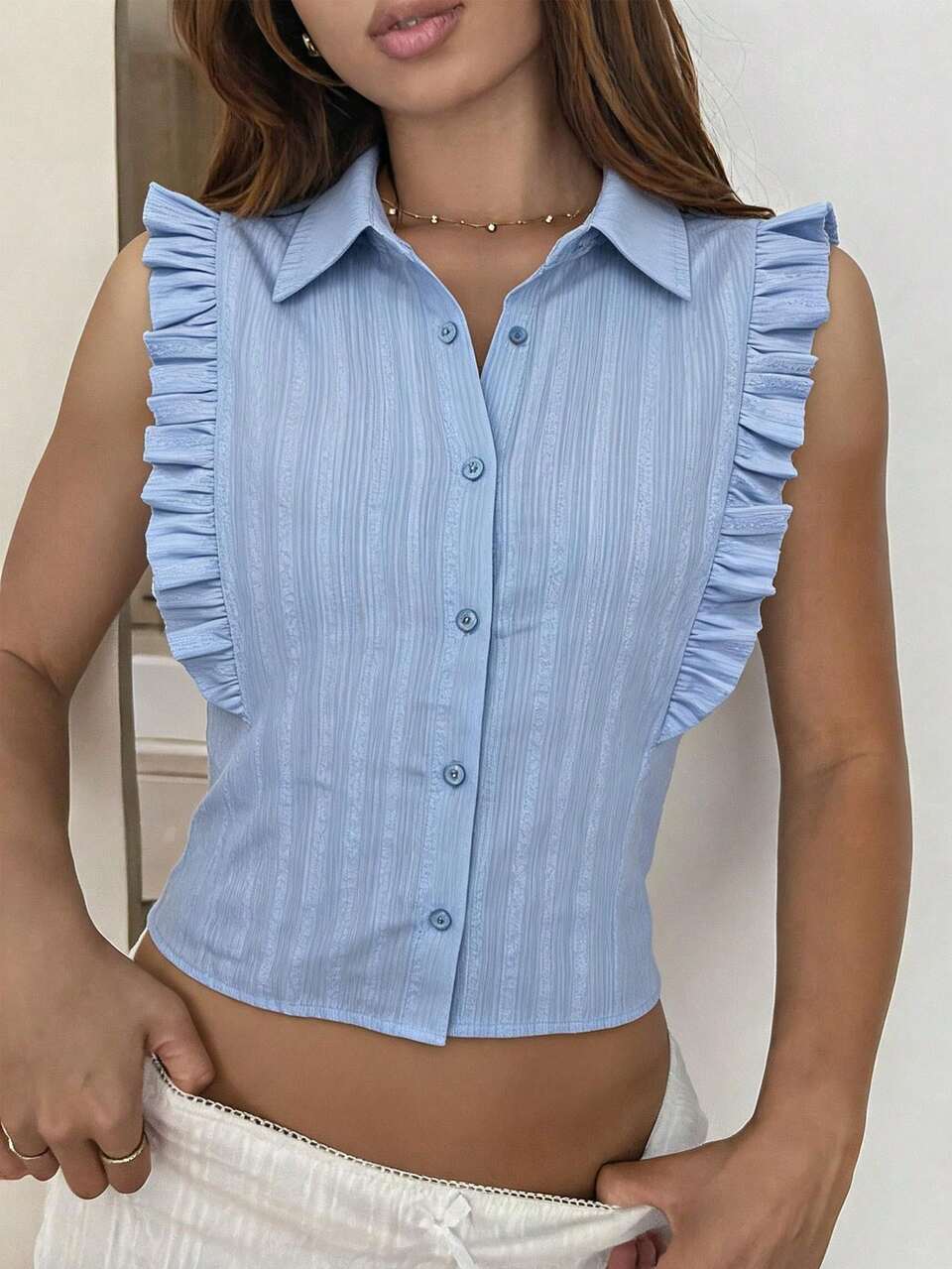 Ruffle Collar Baby Blue Fitted Women Shirt Office Summer Casual Elegant