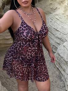 SHEIN Swim Curve 大尺碼女款夏季海灘豹紋前打結細肩帶一件式泳衣 - 彩色 - 查看 3