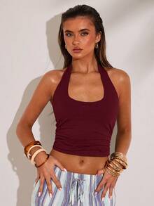 SHEIN BAE Women's Sexy Solid Color Backless Halter Neck Top For Summer Going Out Burgundy - Burgundy - View 8