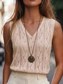 SHEIN Summer Casual Solid Color Sleeveless Knit Top - Dusty Pink - View 3