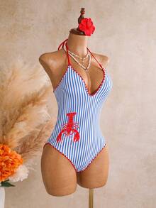 Swim Mod 女款 2026 春夏新款條紋龍蝦圖案印花荷葉邊掛脖露背一件式泳衣 - 彩色 - 查看 6