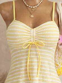 Swim Mod 女款與女孩夏季/春夏新款性感修身露背條紋抹胸兩件套比基尼泳衣，荷葉邊上衣三角泳褲小胸托高坦基尼，甜美火辣適用溫泉海灘度假生日派對 - 鵝黃色 - 查看 5