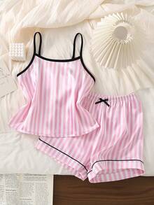 Girls Pink & White Striped Minimalist Print Faux Silk Camisole Top And Shorts Comfortable 2 Pieces Loungewear Set - Pink - View 1