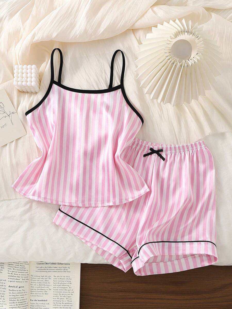 Girls Pink & White Striped Minimalist Print Faux Silk Camisole Top And Shorts Comfortable 2 Pieces Loungewear Set - Pink - View 1