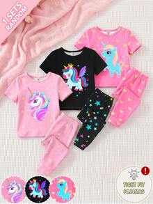 [Random 1 Set]Girls' Unicorn Glow-In-The-Dark Print UV Light Reactive Knit Fabric Comfortable Soft Slim Fit Cute Princess Style Round Neck Short Sleeve Long Pants 2 Pieces Loungewear Pajama Set - Pink - View 6