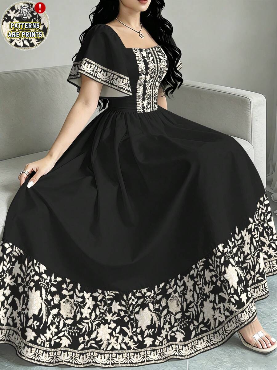 Modelyn 雏菊印花绿色海岸女士碎花连衣裙,时尚方领短袖连衣裙,荷叶边下摆设计,夏季度假风连衣裙 - 彩色 - 查看 1
