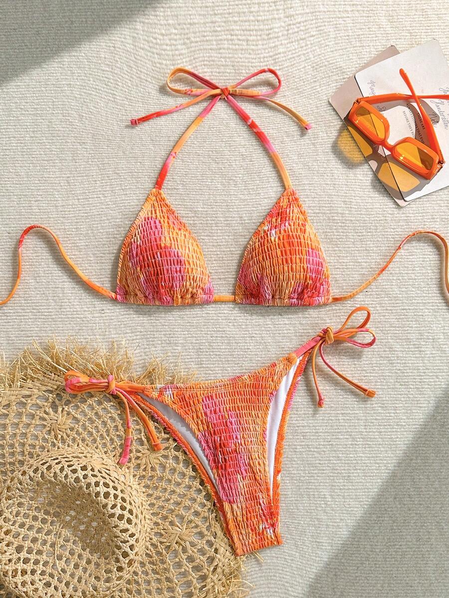 Swim Vcay 女款 2 件組花卉隨機印花夏季性感抓皺 V 領掛脖綁帶比基尼套裝 - 彩色 - 查看 1