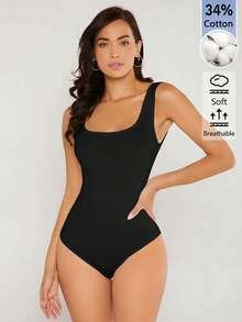 SHEIN BASICS 女款純色方領背心連身衣 日常白天穿著 黑色 夏季基礎款 極簡休閒居家風 - 黑色 - 查看 5