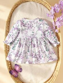 SHEIN Newborn Baby Girl White Round Neck Ruffled Cartoon Cherry Print Long Sleeved Bow Dress Elegant Babygirl Cute Autumn Monthly Milestone Purple - Purple - View 5