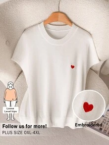 CosyJoli Plus Size Sweater Pullover, White Top, Casual Women's Plus Size Summer Clothing, Heart Embroidery Women's Clothing, Embroidered Top, Plus Fall/Winter - White - View 4