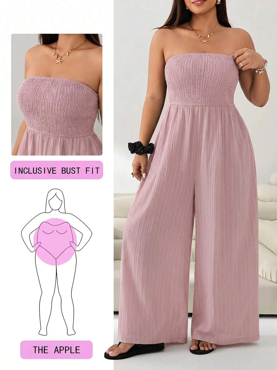 Solflare Women's Plus Size Strapless Ruched Bust Pink Long Jumpsuit Beach Summer Medieval - Baby Pink - View 1