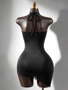 SaltGleam SaltGleam Women's Elegant Sexy Lace Patchwork Asymmetric Hem Backless Halter Mini Dress Club Night Out Black Summer - Black - View 2