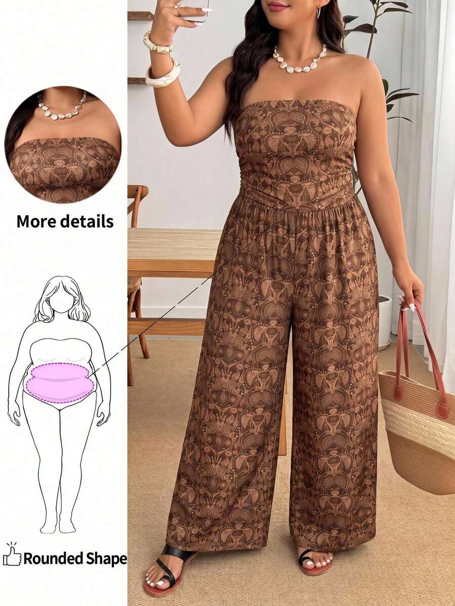 Enliva Plus Size Paisley Pattern Vintage Bohemian Style Vacation Jumpsuit - Brown - View 1