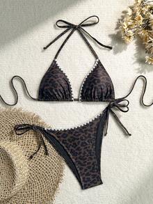 Swim Vcay Conjunto de bikini de 2 piezas para mujer con estampado de leopardo marrón y patrón aleatorio, sexy, cuello en V y lazo halter, para verano - Multicolor - Ver 2