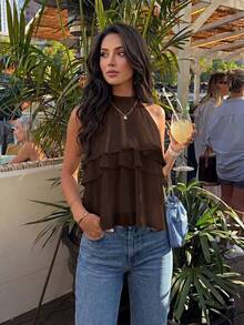 Firerie Elegant Dark Brown Loose Neck Ruffle Asymmetrical Chiffon Blouse Ruffled Top For Summer Banquet - Coffee Brown - View 5