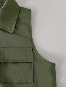 3pcs Young Boy Casual Street Style English Slogan Print Round Neck Tank Top & Army Green Vest Jacket & Shorts Set, Suitable For Summer Daily Casual Wear, Holiday Outings, Summer Children's Outfit - Army Green - View 5
