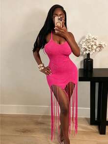 BamGleam Women's Green Knit Dress With Tassel Hem - Sleeveless Bodycon Midi Dress With Swing Asymmetric Hem & Jacquard Texture, Casual Slim Fit Sweater Dress For Party, Date Night, Daily Wear - Hot Pink - View 3