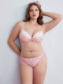 Elorette Women's Colorblock Lace Patchwork Camisole Bra Set, Lace Bra And Panty Set, Plus Size Lingerie Set - Pink - View 5