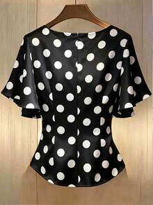 Franclia Blusa de verano de moda para mujer con manga corta, cruzada y estampado de lunares - Negro - Ver 2