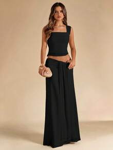 SHEIN BAE Ensemble 2 pièces femme en maille, débardeur bandeau froncé abricot unicolore et jupe longue taille basse froncée à nouer devant, tenue de plage pour vacances d'été, jupe bohème dos nu, tenue de concert, ensemble 2 pièces demoiselle d'honneur de mariage - Noir - Voir 6