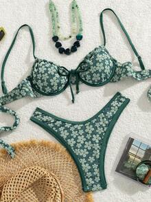 Swim Mod 新款女款 Coquette 可愛夏日海灘度假風 2 件式比基尼套裝 - 綁帶式 - 綠色 - 查看 2