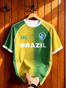 Aesthetic Post 復西隊風格黃綠漸層拼色足球短袖上衣，美式 BRASIL #10 印花圓領 T 恤，男女款圖案 T-shirt，男士時尚休閒運動球衣，足球運動裝備 - 白色 - 查看 5