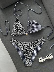 Swim Mod Women's Patterned Special Fabric Plaid Reversible Bikini Set - Black - View 4