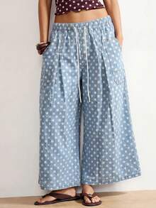 Bohemela Damen Jeans in Großen Größen mit Polka-Dot-Muster, Kordelzug an der Taille, Taschen und weitem Bein - Mittele Waschung - Übersicht 7