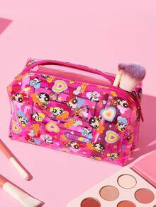 THE POWERPUFF GIRLS X SHEIN 1個大容量卡通角色圖案印花PVC材質化妝包，適合存放化妝品、文具、日常用品、數位產品，完美適用於通勤、上學、旅行，適合所有年齡層，適合學生，花卉、泡泡、毛茛、友誼、愛 - 彩色 - 查看 2