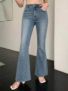 DAZY Summer Autumn Winter Rhinestone Decor Washed Flare Leg Women's Jeans - Blue - View 5