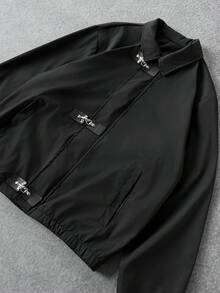 Manfinity Homme Men's Solid Color Long Sleeve Metal Airplane Buckle Casual Jacket - Black - View 5
