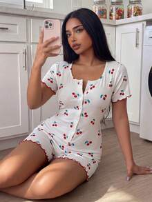 ZzzCrew Cherry Print Elastic Ribbed Plus Size Pajama Jumpsuit - White - View 6