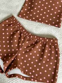 IslaSuriya Women's Summer Vacation Polka Dot Print Bandeau Top And Shorts 2pcs Set - Brown - View 3
