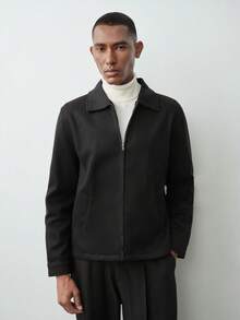 MENRIVO Men's Casual Solid Color Zip-Up Collar Long Sleeve Overcoat - Black - View 6