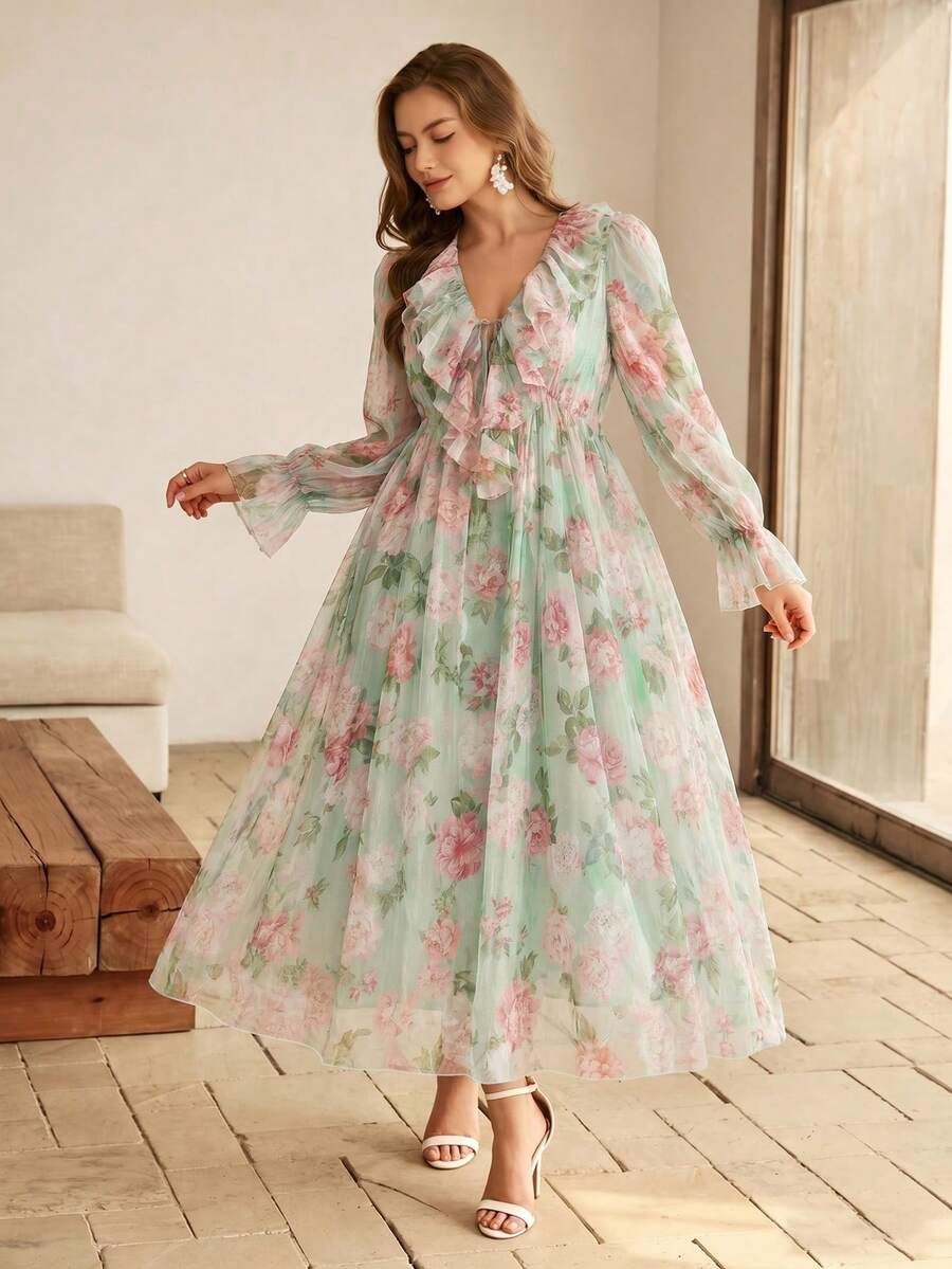 Roveilla Plus Size Knit Printed Mesh Ruffle Collar Cinched Waist Puff Elastic Sleeve A-Line Flared Dress - Green - View 1