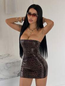StreetHx Summer Sexy Hot Girl Party Leopard Print PU Tight Bodycon Strapless Mini Dress - Brown - View 3
