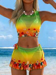 Swim Lushoire Women's Sexy Tropical Halter Backless Tie-Waist Outfit, Gradient Color Print + Matching Sheer Overlay Top And Ruffle Hem Mini Skirt, Summer Vacation - Green - View 1